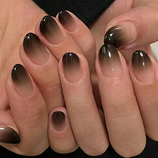 24PCS Black French Pointed Nail Halloween Medium Almond Fake Nail Black Gradient Design Glossy Acrylic Women'S Nail Art