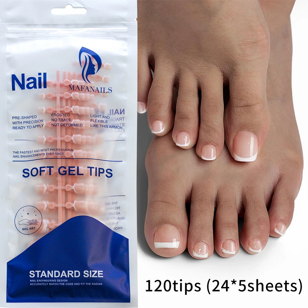 120Tips/bag French Nude Pink Press On Toe Nail Full Cover White Edge Design Acrylic False Toenail Tips Summer Toe Nail Art Decor