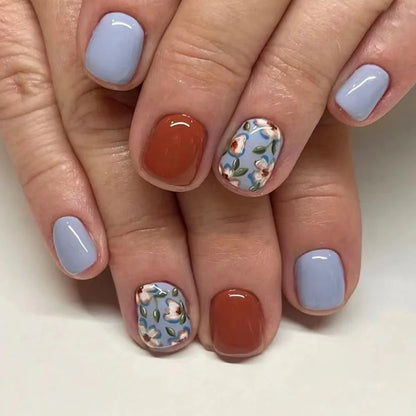 24Pcs Short Square Head Press on Nails Green Simple Flower Grass Design False Nails Detachable Finished Full Cover Fake Nail Tip