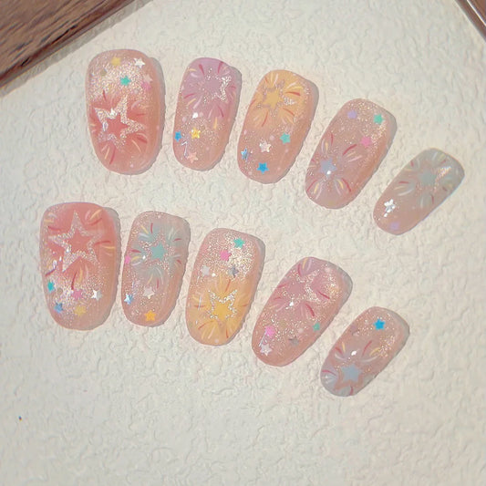 24pcs Colorful Smudge Cat's Eye Full Cover Nail Sweet Star Design Short Oval False Nails Almond Fake Nail Acrylic Press on Nails
