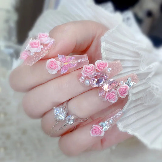 24pcs Gentle False Nails 3D Pink Flower Metal Bowknots Press On Nails Medium-lenghth Wearable Korean Style Fake Nail Tips Art