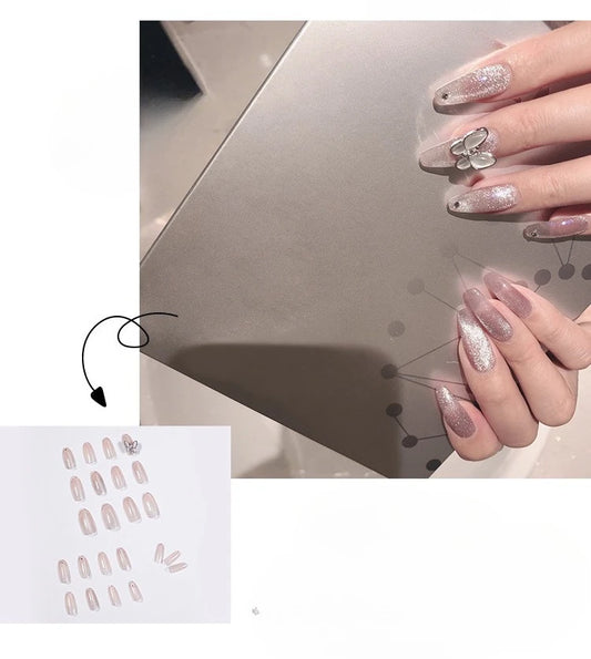 24Pcs Long Almond False Nails 3D Design Golden Ripple Rhinestone Blurring French Fake Nail Wearable Manicure Full Cover Press On