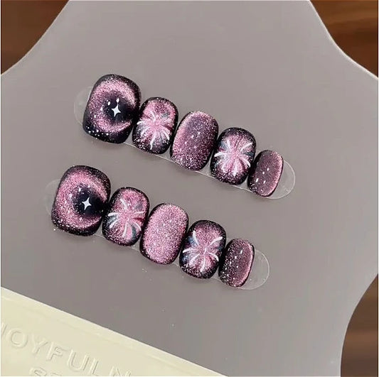 10Pcs Handmade Press on Nails Full Cover Cute Cat Eye Glitter Design Short Ballerina False Nails Wearable Manicure Nail Tips Art