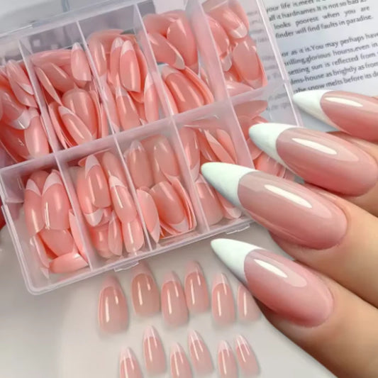 Almond Shape French Fake Nails Light Pink Full Cover Press On Nails White Edge Design Simple False Fingertips