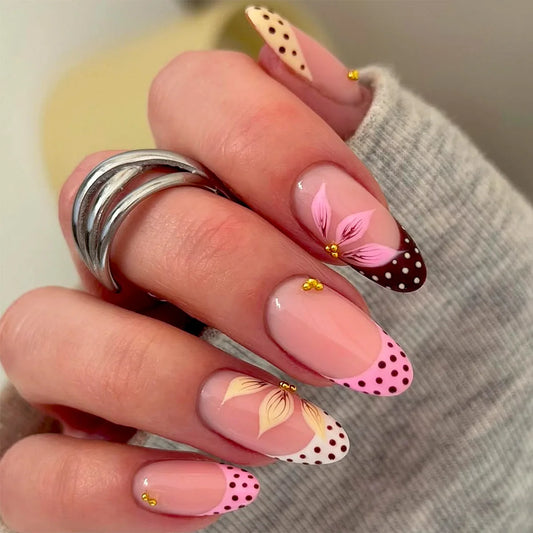 24Pcs Mid-length Almond False Nails Polka Dot French Flower Design Full Cover Nails Tips Detachable Finished Press on Fake Nails