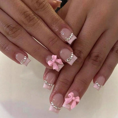24pcs Press on Nails Short Almond Bowknot Black Press on Nails White Pearl Sweet French Tip Press on Nails Cute Nail Artificial
