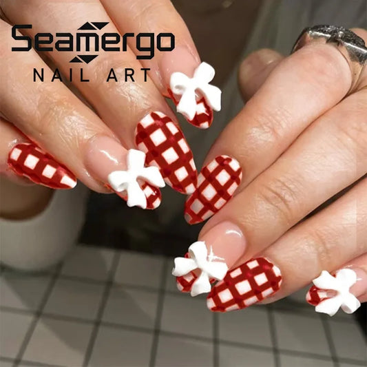 24PCS Almond Fake Nails Red White French Edge Love Bow Design False Nails Gentle Style Removable Press on Manicure for Women 네일팁