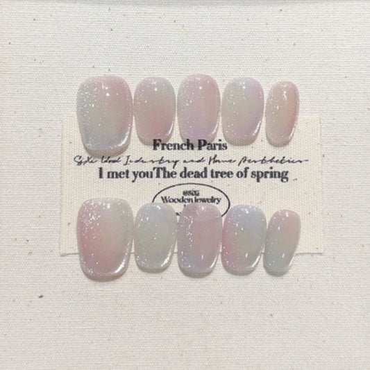 10Pcs Shiny Handmade Press on Nails Full Cover Cat Eye Colorful False Nails Short French Artificial Wearable Manicure Nail Tips
