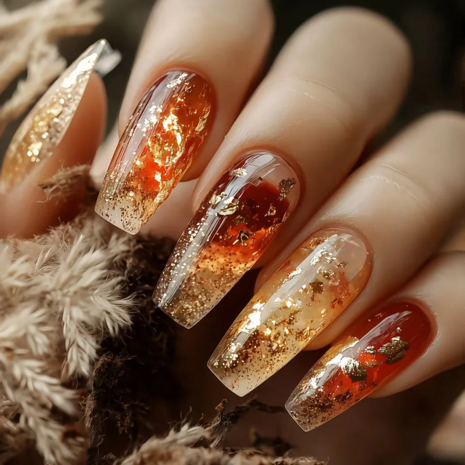 24Pcs Mid-length Ballet Press on False Nails with Pueple Gold Smudge Design Fake Nails Detachable Finished Full Cover Nails Tips