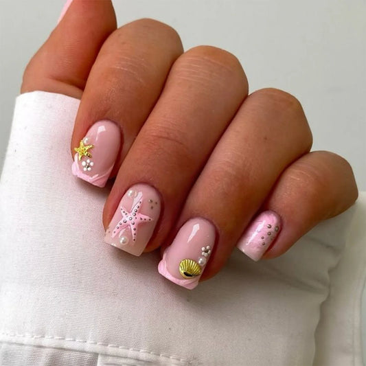 24Pcs Short French Press On Nails With Ocean element Design Summer False Nails INS Simple Nude Color Fake Nail Patches