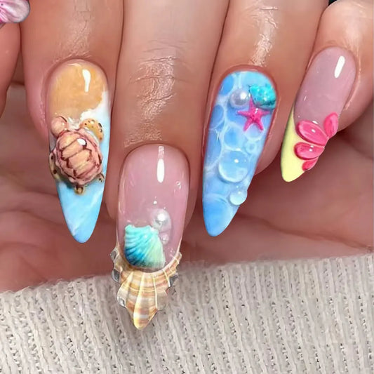 24pcs Ocean Fake Nails Shell Starfish Design False Nail Art Finished Flower Long Almond Press on Nails Tips Turtle Blue Manicure