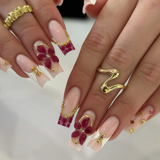 24Pcs 3D Flower Rhinestone Design Press on Fake Nails Red Pattern French False Nails Long Square Reusable Full Cover Nails Tips