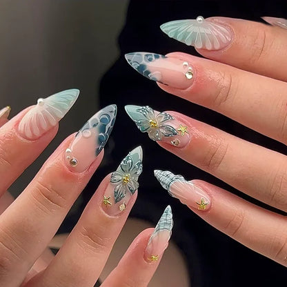 24pcs Long Almond Press on Nails Gold Bow Fake Nails Cherry Pattern False Nail Artificial Tips Накладные Ногти Uñas Postizas 네일팁