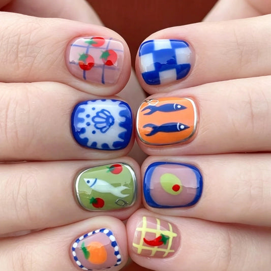 24 Dopamine Cute Cartoon False Nails Kawaii Fruit Fish Designs Plaid Press On Nails Blue Short Round Acrylic Fake Nail For Girls