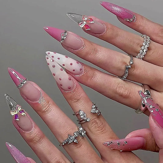 24pcs Long Stiletto Pink False Nails Finished Wearable French Fake Nail Tips Polka Dot Bow Full Cover Almond Press on Nails Art