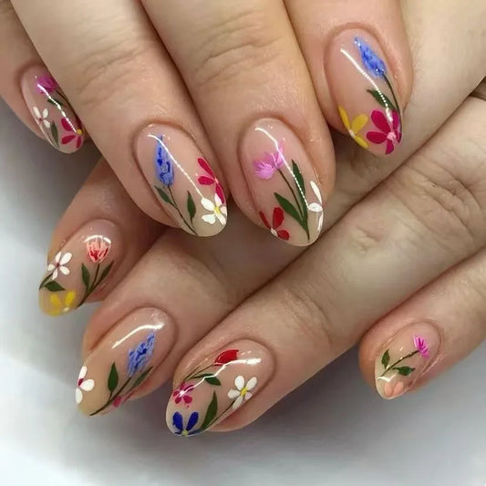 24Pcs Short Oval False Nails Colorful Fresh Flowers Fingertips Wearable Pattern Almond Nails Art Full Cover Press Ons for Women
