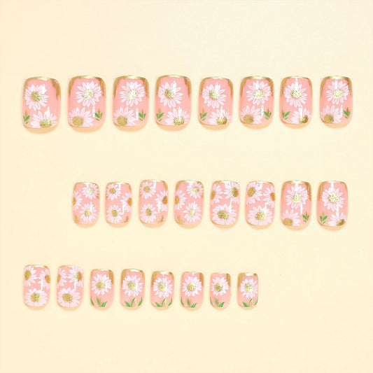 Short Square Gold French Fake Nails 24Pcs Spring and Summer Press On Nails White Flower Printed Nude Color False Nails Tips