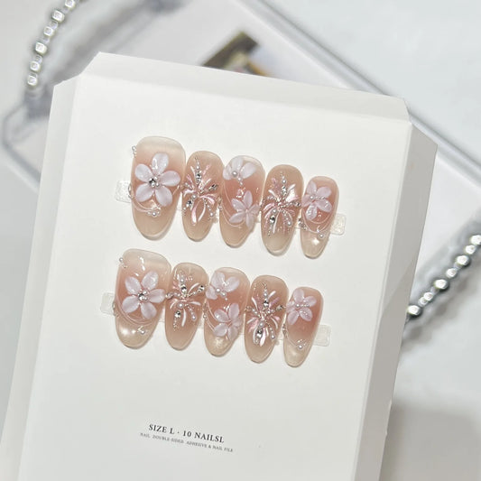 10Pcs Handmade Pink Cat Eye Glitter False Nails Art French Almond White Flowers Nails Stickers Wearable Acrylic Nails New Year
