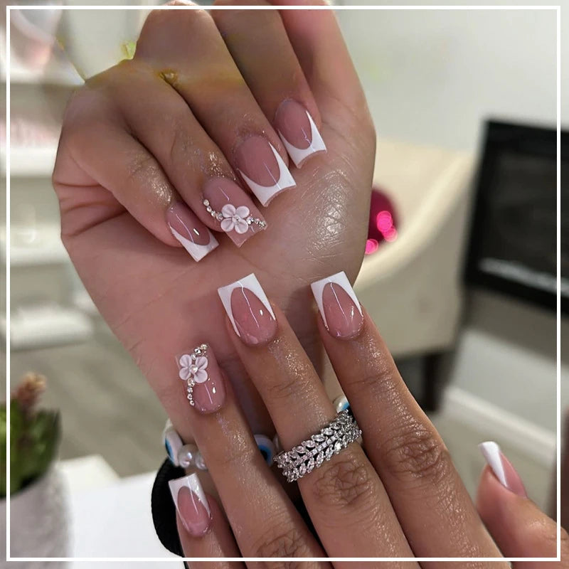 24pcs Press on Nails Short Almond Bowknot Black Press on Nails White Pearl Sweet French Tip Press on Nails Cute Nail Artificial