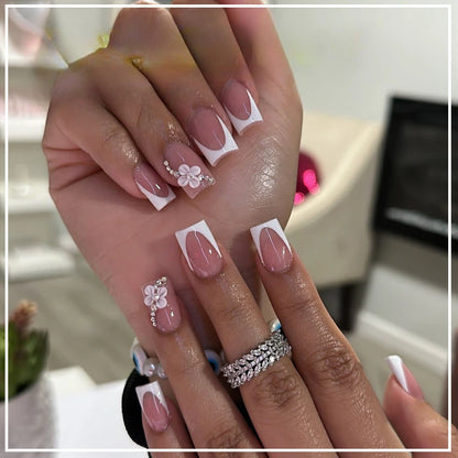 24pcs Press on Nails Short Almond Bowknot Black Press on Nails White Pearl Sweet French Tip Press on Nails Cute Nail Artificial