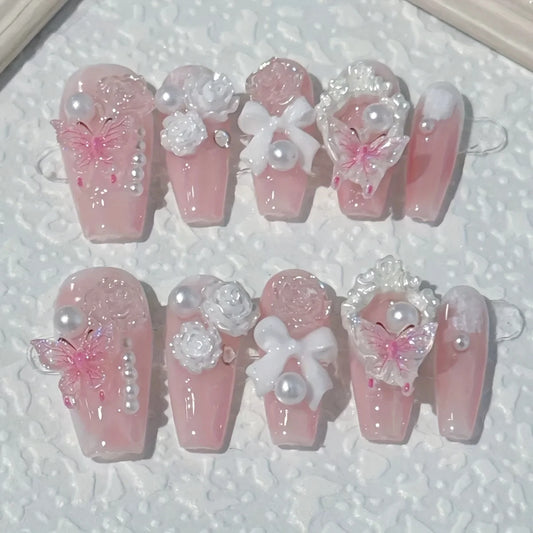 10pcs high-end Rose jelly butterfly handmade fake nails, Pink-themed nail decoration patches for teenagers