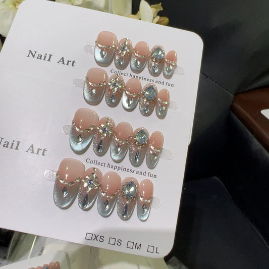 10pcs high-end Fully drilled with high-end cat's eyes handmade coffin French tips fake nails, Short nail patches for women