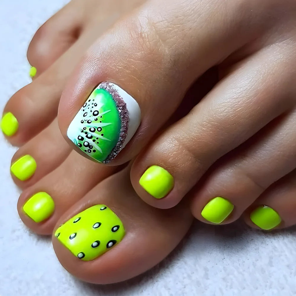 24pcs Colorful Painted Watermelon Fake Toenails Little Fresh Summer Beach Wearable False Toenail Shiny Diamond Press On Toenails
