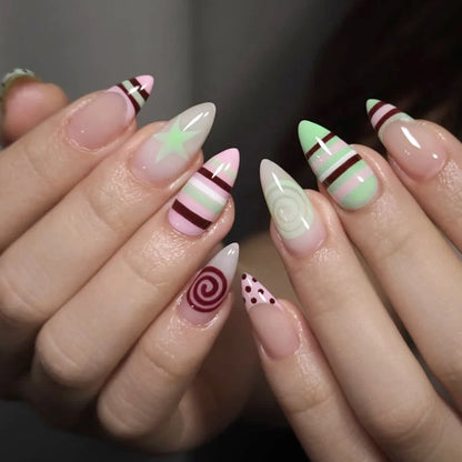 24pcs Colorful Five-pointed Star Press On Nails Red Stripes French Style Y2k Fake Nails Yellow Almond European Fake Nail Tips
