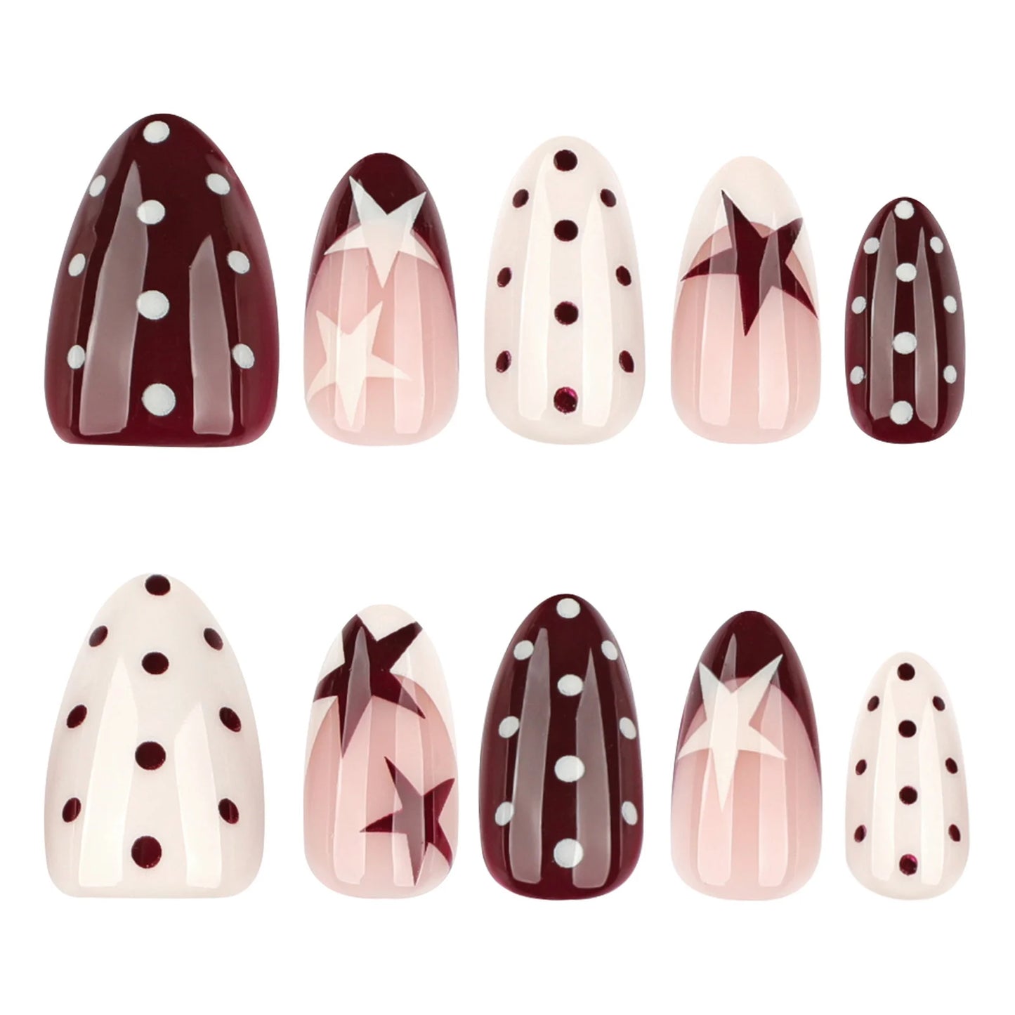 Y2K Girls Almond Fake Nails 24Pcs French Press On Nails Red/White Five-ponited Star/Polka Dot Printed Summer DIY Manicure