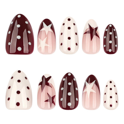 Y2K Girls Almond Fake Nails 24Pcs French Press On Nails Red/White Five-ponited Star/Polka Dot Printed Summer DIY Manicure