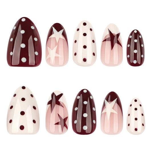 Y2K Girls Almond Fake Nails 24Pcs French Press On Nails Red/White Five-ponited Star/Polka Dot Printed Summer DIY Manicure