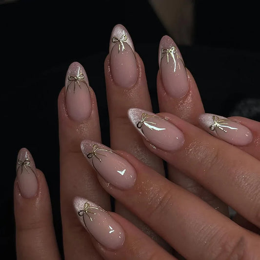 24pcs French Almond Fake Nails Pink Cat's Eye with Bow Lines Design Press on Nails Glitter Tips False Nail Finished Manicure Set