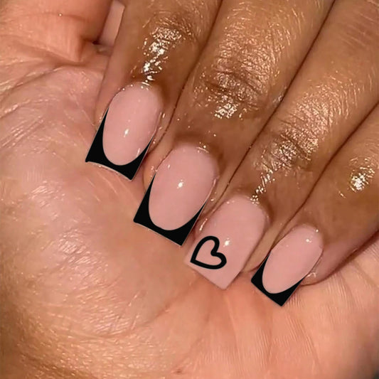 24pcs Short Square Love Design Press On Nails with Black French Tip, Fake Press On Nails, Cute Acrylic Nail Stickers, Easy to Ap