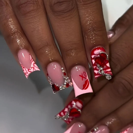 24pcs Spice Girl Press on Nails Glitter Red Crystal Design False Nails Wearable Reusable Gradient Duckbilled Fake Nail Tips