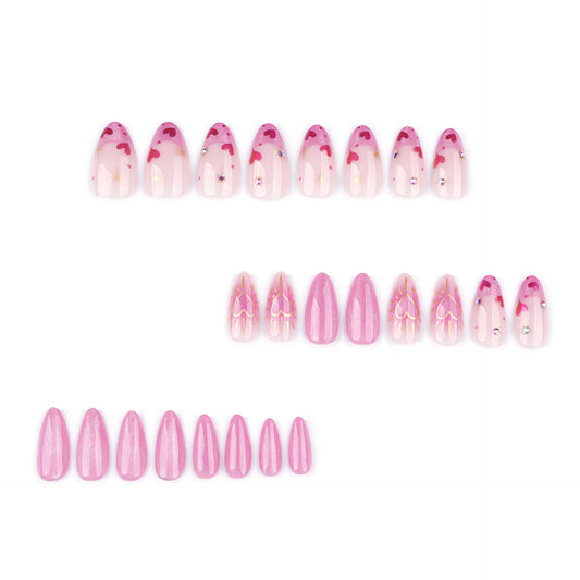 24PCS Sweet Pink Glitter Almond Fake Nail with Heart Gold Outline Rhinestone Press on Nails Y2K French Design Nail Art for Women