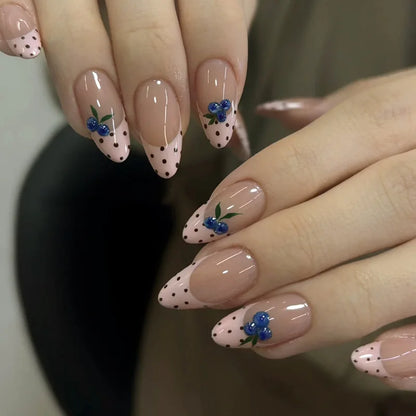 24PCS Almond Pink Blue Fake Nails Checkered Cherry Print Sweet Coquette Style Press on Nails Reusable False Nails for Daily Wear