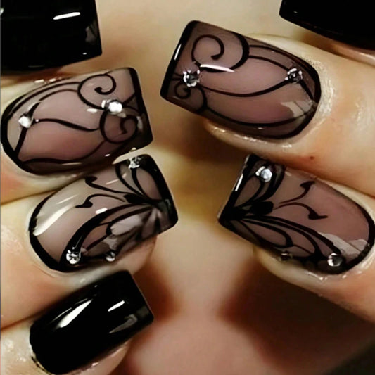 ARTAUG 24PCS Elevate Your Style With Short Square Black Press On Nails Lace Lacework Press On Nails Ballerina Girl Style Nails
