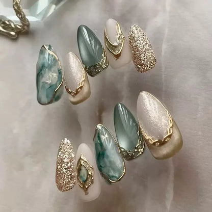 24Pcs Light Blue Smudge Fake Nails Press on Almond Gold Leaf Removable Long Full Cover Nail Tips Wearable Finished Nail Art
