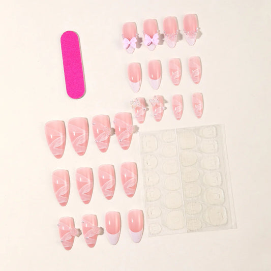 24PCS Nude Pink Almond Press on Nails Rose Bow Design Pearl White French Acrylic False Nails Sweet Reusable Manicure for Women