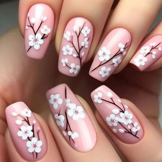 24pcs Purple Ballet Press on False Nails Art Short Coffin Nails Tips White Flower Design Fake Nail for Woman Reusable Manicure