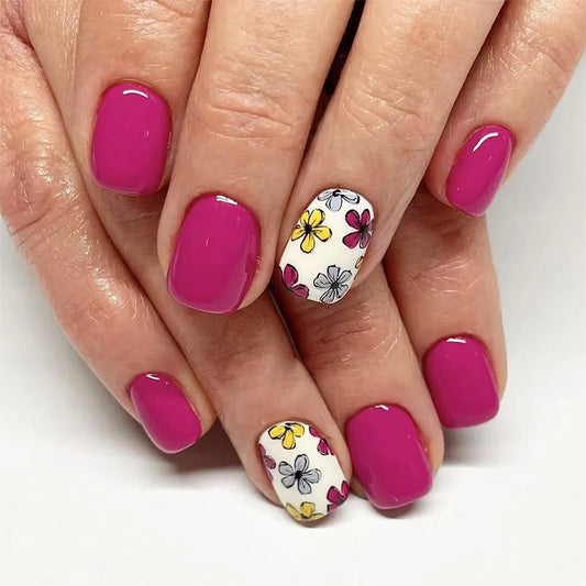 24Pcs Glossy Yellow False Nails Full Cover Press on Nails Lovely French Wearable Short Ballet Flower Pattern Art Manicure Summer