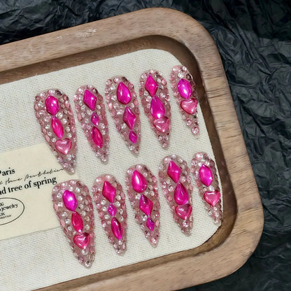10pcs Super Long Stiletto False Nail Tips Light Luxury Handmade Full Flash Diamond Press On Nails European Wearable Fake Nails