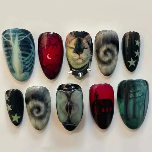 10PCS Short Squoval False Nails with Mysterious Devil Eye Star Press on Nails Glitter Cat Eye Handmade Fake Nails Ins Spicy Girl