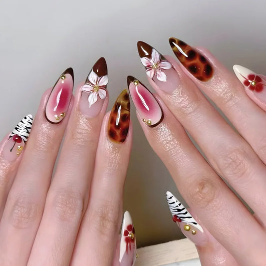 24pcs Leopard Print Almond Press on Nails Sets Flower Blush False Nail Tips Detachable Pearl Rhinestone Design Long Fake Nails