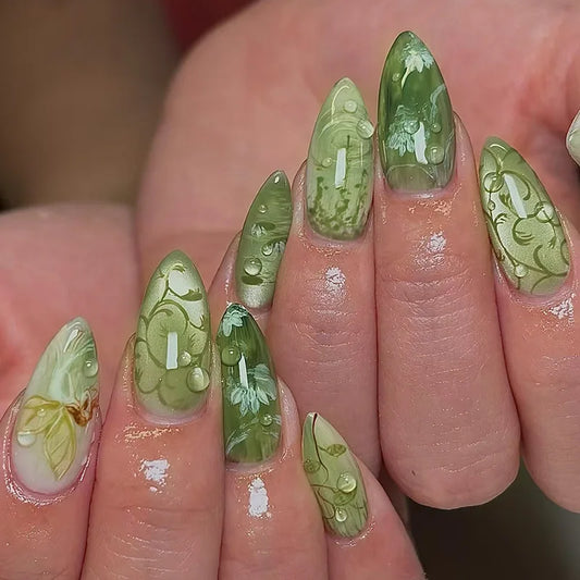 24pcs Green Grape Cat's Eye False Nails Ins Style Smudging Flower Pattern Press On Nails Little Fresh Spring Wearable Fake Nail