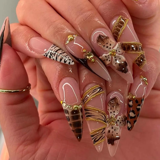 24Pcs Summer Orange Flower Pattern Press on Nails with Mid-length Almond Wearing Fashion Nail Set French Acrylic Nail Tips New