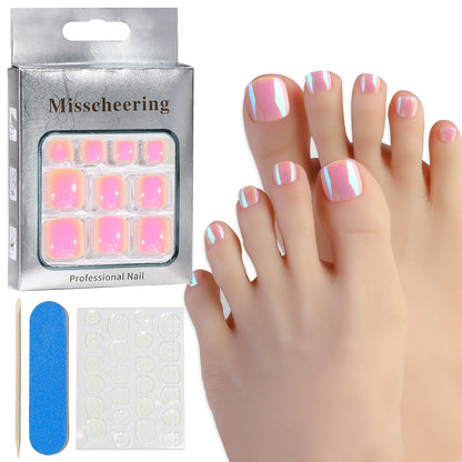 24pcs Glitter Fake Toenails With Glue French Line Glitter False Toe Nails Art Detachable Press On Toenails Acrylic Nails Tips