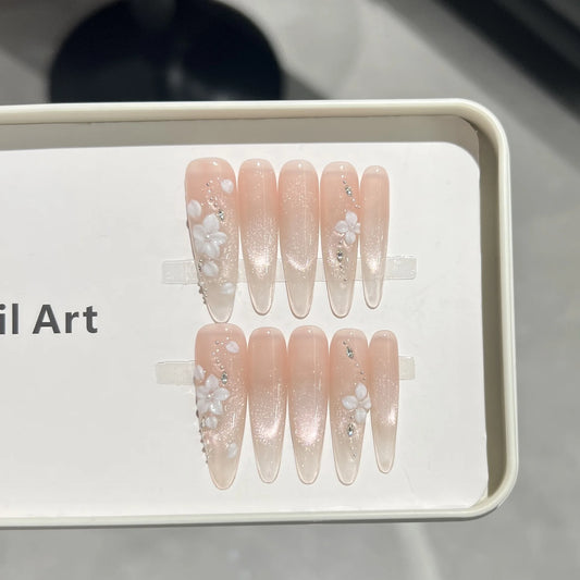 10pcs French Cat Eye Almond Handmade Press on Nails 3D Flower Fake Nails Long False Nails Artificial Nail Накладные Ногти Uñas
