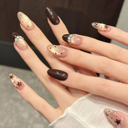 10pcs Handmade Short Oval False Nails Brown Five-pointed Star French Style Press On Nails Champagne Cat's Eye Autumn Fake Nail