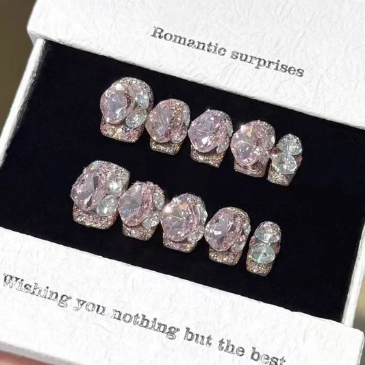 10pcs high-end Sweet and girlish style, pink sparkling rose, dazzling diamonds all over handmade fake nails
